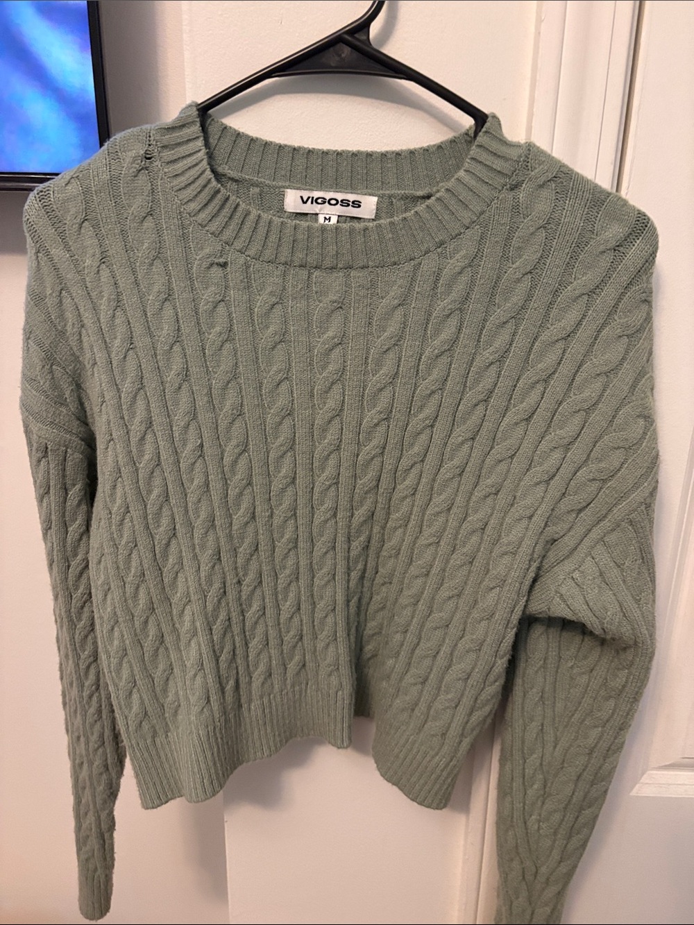 Vigoss Light Sage Cable Knit Crewneck Sweater